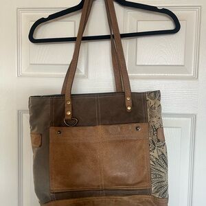 Leather Accent Brown Canvas Tote Bag